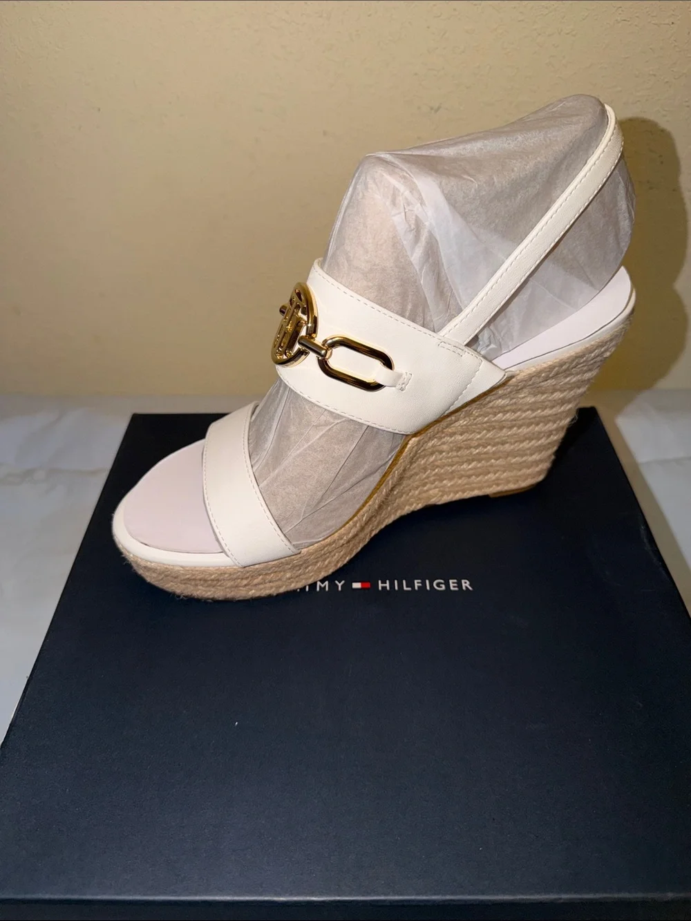 Tommy Hilfiger White Espadrille Platform Sandal with Gold-Tone Logo